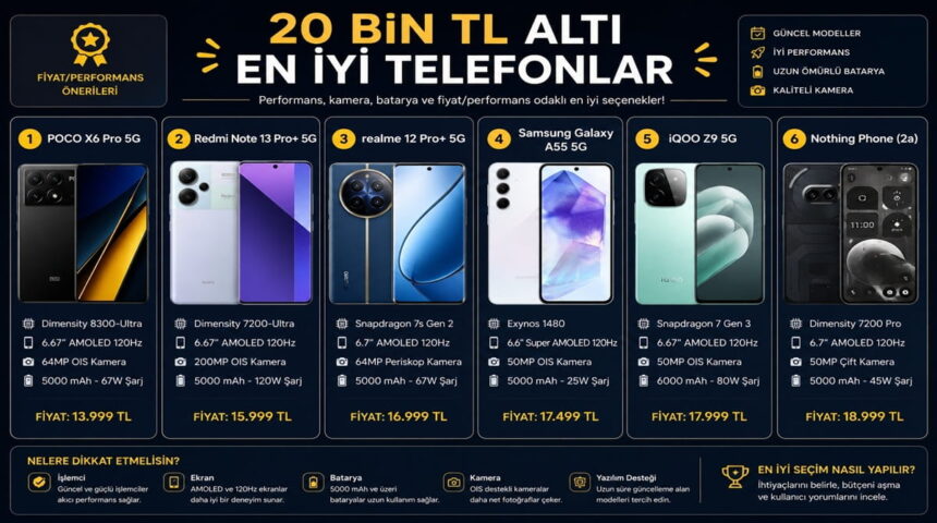 20 bin TL altı en iyi telefonlar karşılaştırma görseli; 6 modelin fiyat ve özellikleri listeleniyor