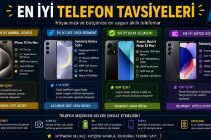Telefon tavsiyeleri infografiği; amiral gemisi, üst orta, orta ve bütçe dostu telefonlar karşılaştırılıyor