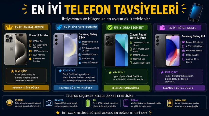 Telefon tavsiyeleri infografiği; amiral gemisi, üst orta, orta ve bütçe dostu telefonlar karşılaştırılıyor