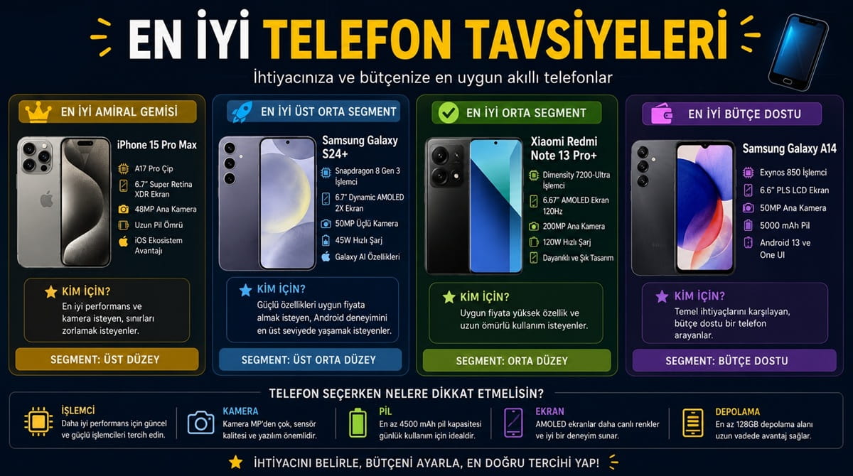 Telefon tavsiyeleri infografiği; amiral gemisi, üst orta, orta ve bütçe dostu telefonlar karşılaştırılıyor