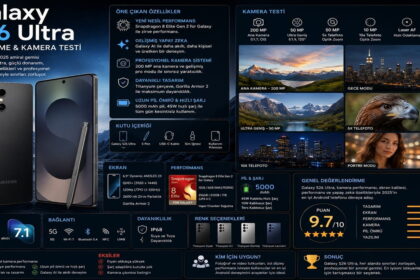 Galaxy S26 Ultra inceleme ve kamera testi infografiği; özellikler, kamera örnekleri ve 9,7/10 puan gösteriliyor