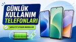 Günlük kullanım telefonları; şarjı iyi uygun modeller ve pil simgesiyle üç akıllı telefon görseli