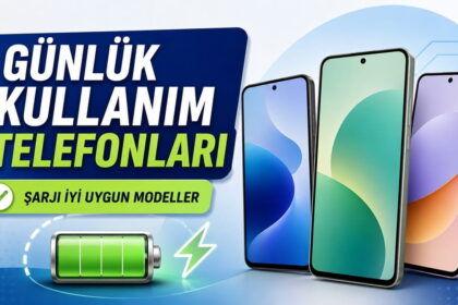 Günlük kullanım telefonları; şarjı iyi uygun modeller ve pil simgesiyle üç akıllı telefon görseli