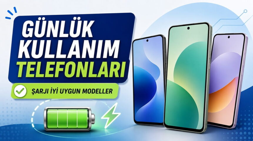 Günlük kullanım telefonları; şarjı iyi uygun modeller ve pil simgesiyle üç akıllı telefon görseli