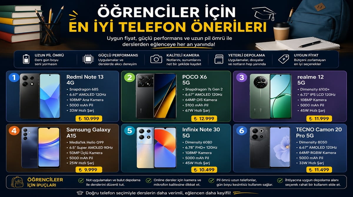 Öğrenciler için en iyi telefon önerileri; 6 model ve fiyatlarıyla karşılaştırma afişi
