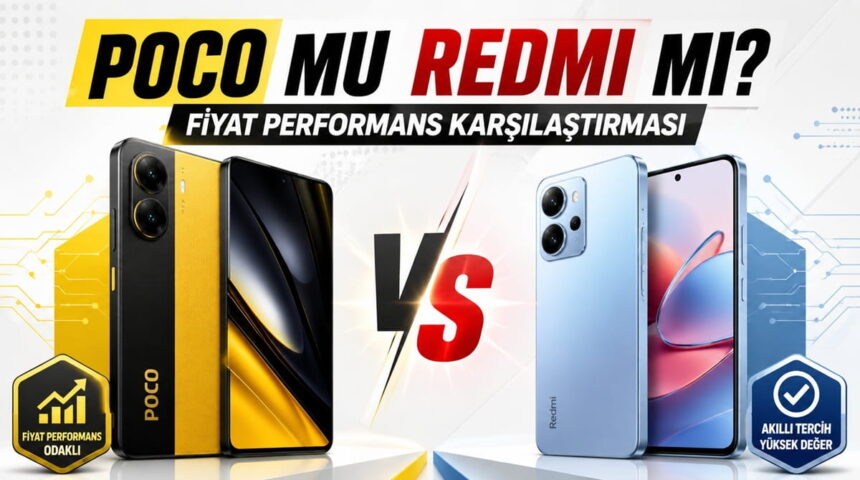 Poco ve Redmi karşılaştırması: fiyat-performans odaklı iki telefon, ortada “VS” yazısı
