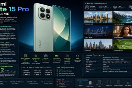 Redmi Note 15 Pro inceleme afişi; telefonun tasarımını, kamera performansını ve teknik özelliklerini özetliyor