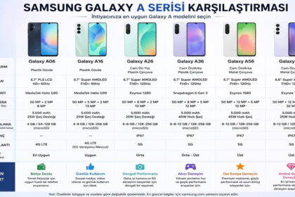 Samsung Galaxy A serisi karşılaştırma tablosu: A06, A16, A26, A36, A56 ve A55 özellikleri ve fiyatları