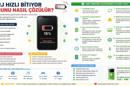 Telefon şarjının hızlı bitme nedenleri ve pil ömrünü uzatma ipuçlarını gösteren bilgilendirici infografik