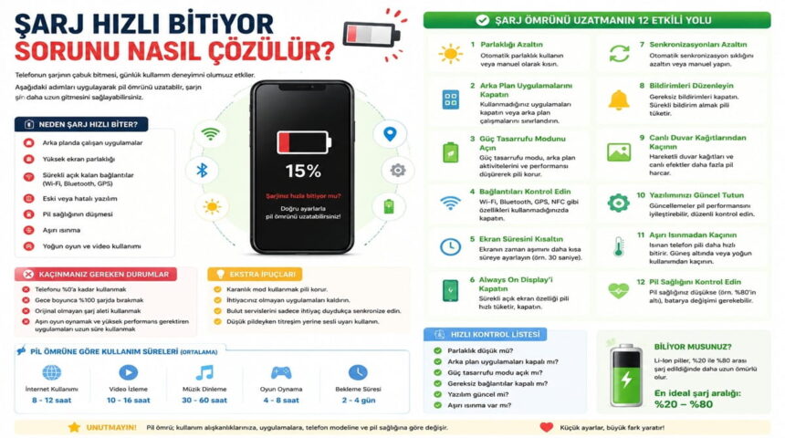 Telefon şarjının hızlı bitme nedenleri ve pil ömrünü uzatma ipuçlarını gösteren bilgilendirici infografik