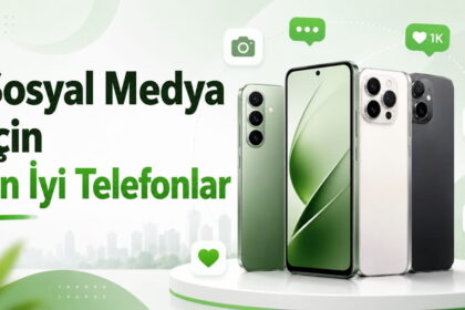 Sosyal medya için en iyi telefonlar reklam görseli; birkaç akıllı telefon ve sosyal medya simgeleri gösteriliyor