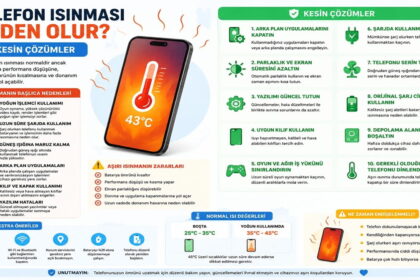 Telefonun neden ısındığını ve çözüm önerilerini anlatan bilgilendirici infografik; 43°C gösteren telefon ve maddeler halinde ipuçları içeriyor