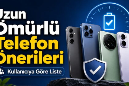 Uzun ömürlü telefon önerileri; kullanıcıya göre liste, pil simgesi ve kalkan onay işaretiyle birlikte dört telefon görseli