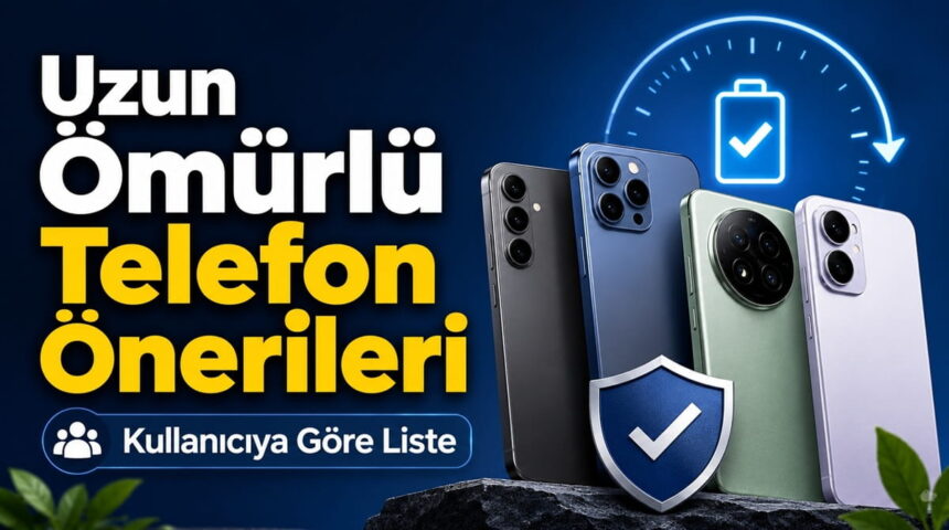 Uzun ömürlü telefon önerileri; kullanıcıya göre liste, pil simgesi ve kalkan onay işaretiyle birlikte dört telefon görseli