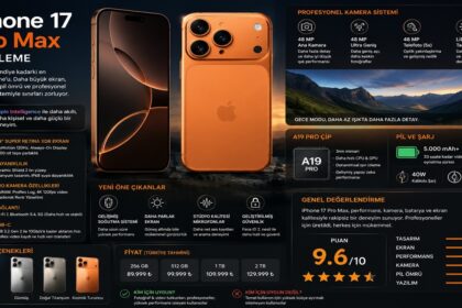iPhone 17 Pro Max inceleme infografiği; özellikler, fiyatlar ve puanlar gösteriliyor
