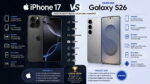 iPhone 17 ile Galaxy S26 karşılaştırma infografiği; tasarım, ekran, işlemci, kamera, pil ve yazılım özellikleri listeleniyor