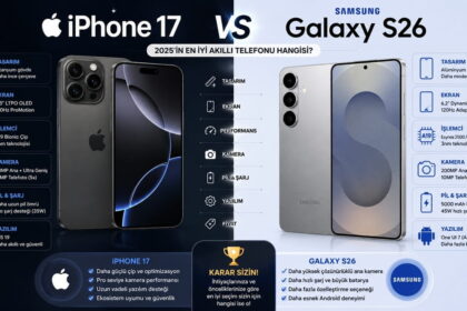 iPhone 17 ile Galaxy S26 karşılaştırma infografiği; tasarım, ekran, işlemci, kamera, pil ve yazılım özellikleri listeleniyor