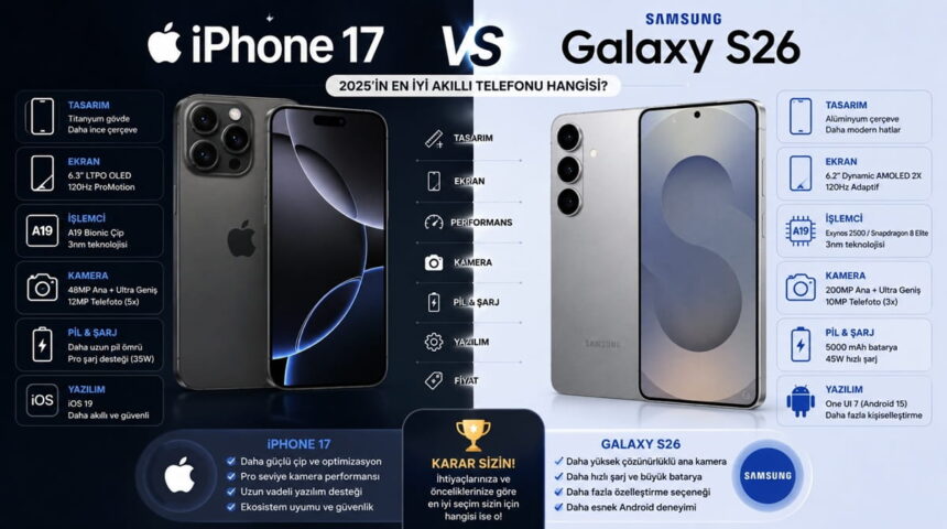 iPhone 17 ile Galaxy S26 karşılaştırma infografiği; tasarım, ekran, işlemci, kamera, pil ve yazılım özellikleri listeleniyor